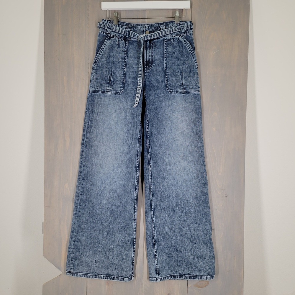 Hint of Blu Wide Leg Jeans Tie Belt Utility Womens 30 Blue Acid Wash High Rise